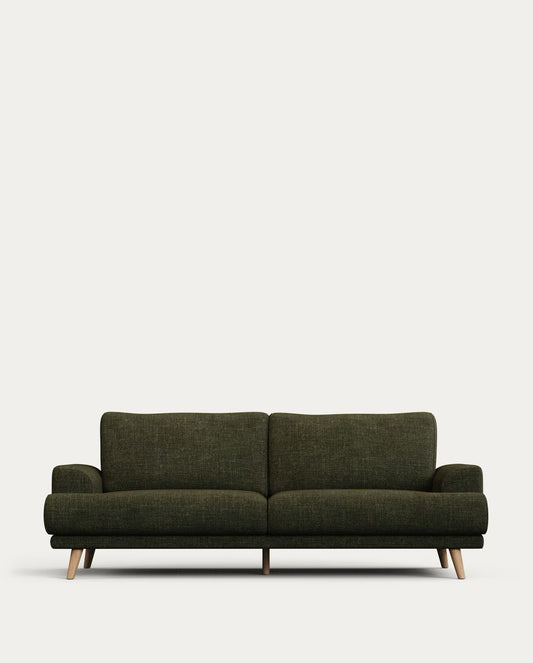 Karin 3 seater sofa in dark green with solid beech wood legs, 231 cm