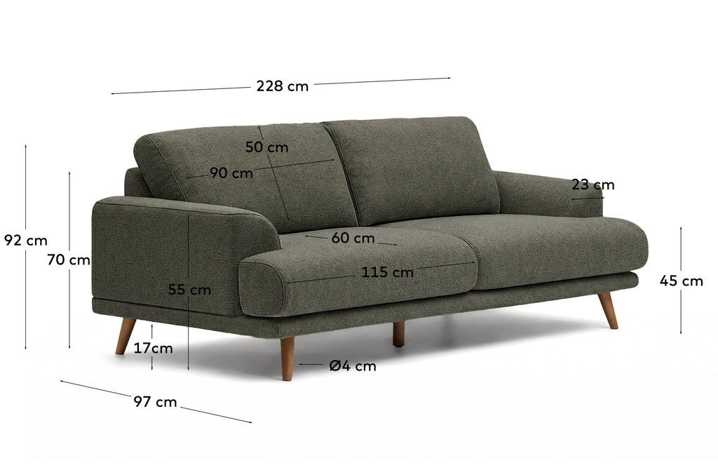 Karin 3-seater sofa in dark green chenille with solid beech wood legs in walnut-tone finish 228 cm