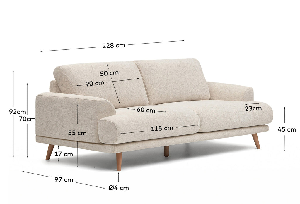 Karin beige 3-seater sofa with solid beech wood legs 228cm