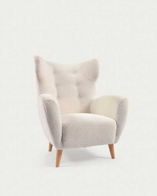 Patio armchair in white bouclé with solid, beech wood legs FSC Mix Credit