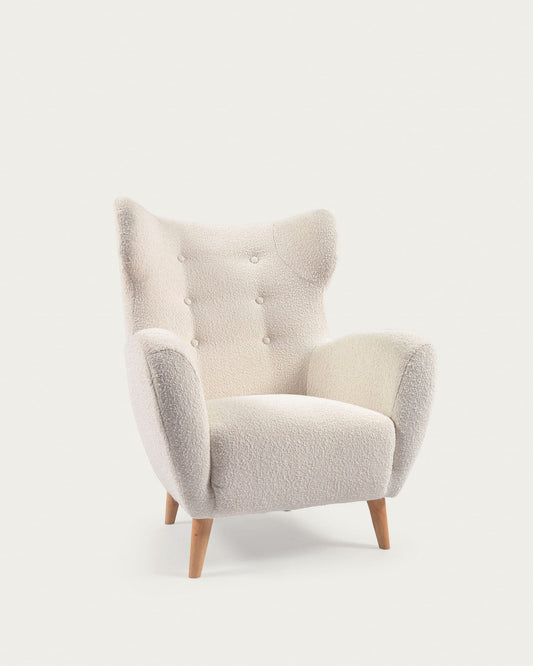 Patio armchair in white bouclé with solid, beech wood legs