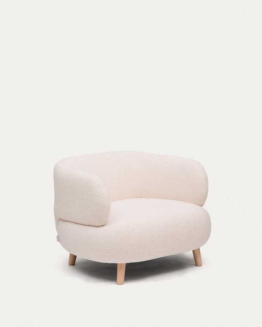 Luisa armchair in ecru boucle with solid beech wood legs 90 cm