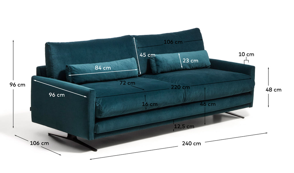 Veliro fire-retardant 3-seater sofa in deep turquoise velvet with steel legs with black finish 240cm FSC Mix Credit