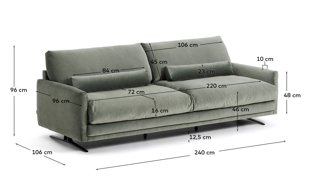Veliro green velvet 3-seater sofa with black steel legs 240cm FSC Mix Credit