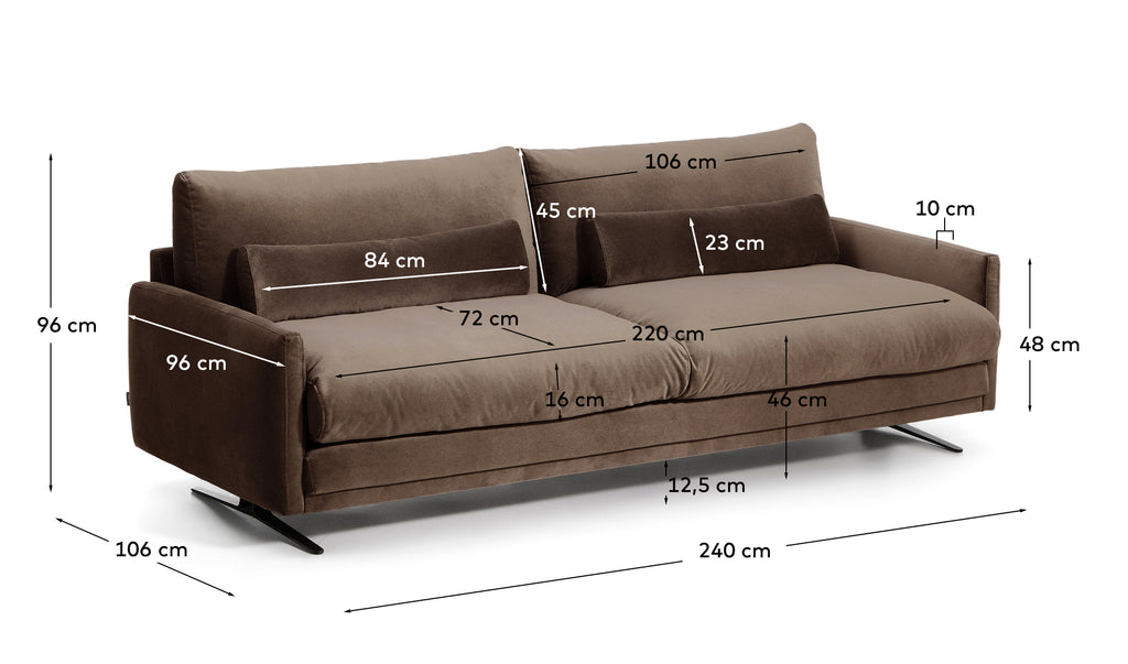 Veliro chocolate brown velvet 4-seater sofa with black steel legs 240cm FSC Mix Credit