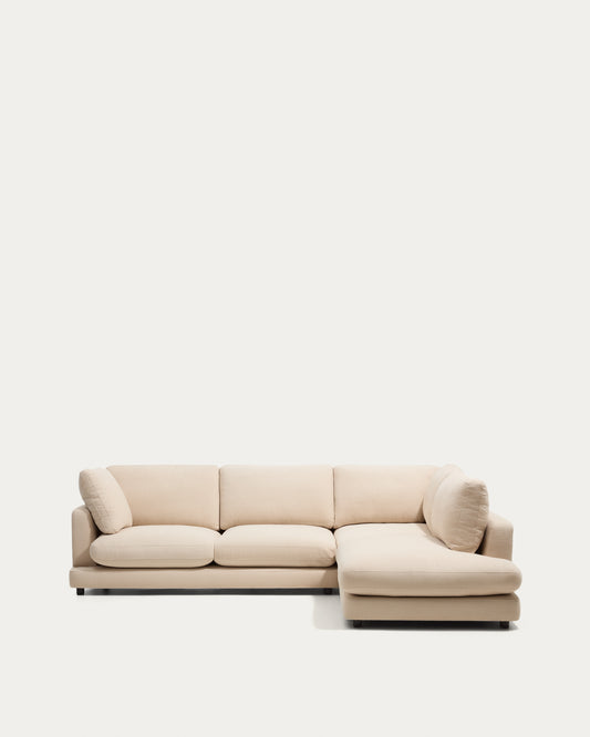 Gala 5-seater corner sofa with end module right side in beige chenille FSC Mix Credit 300 x 225cm