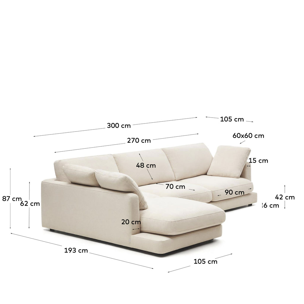 Gala 4-seater sofa with left chaise longue in beige chenille FSC Mix Credit 300cm