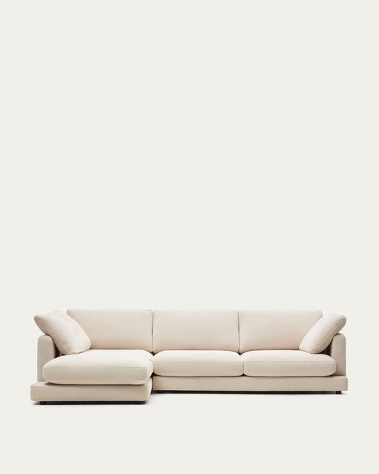 Gala 4-seater sofa with left chaise longue in beige chenille FSC Mix Credit 300cm