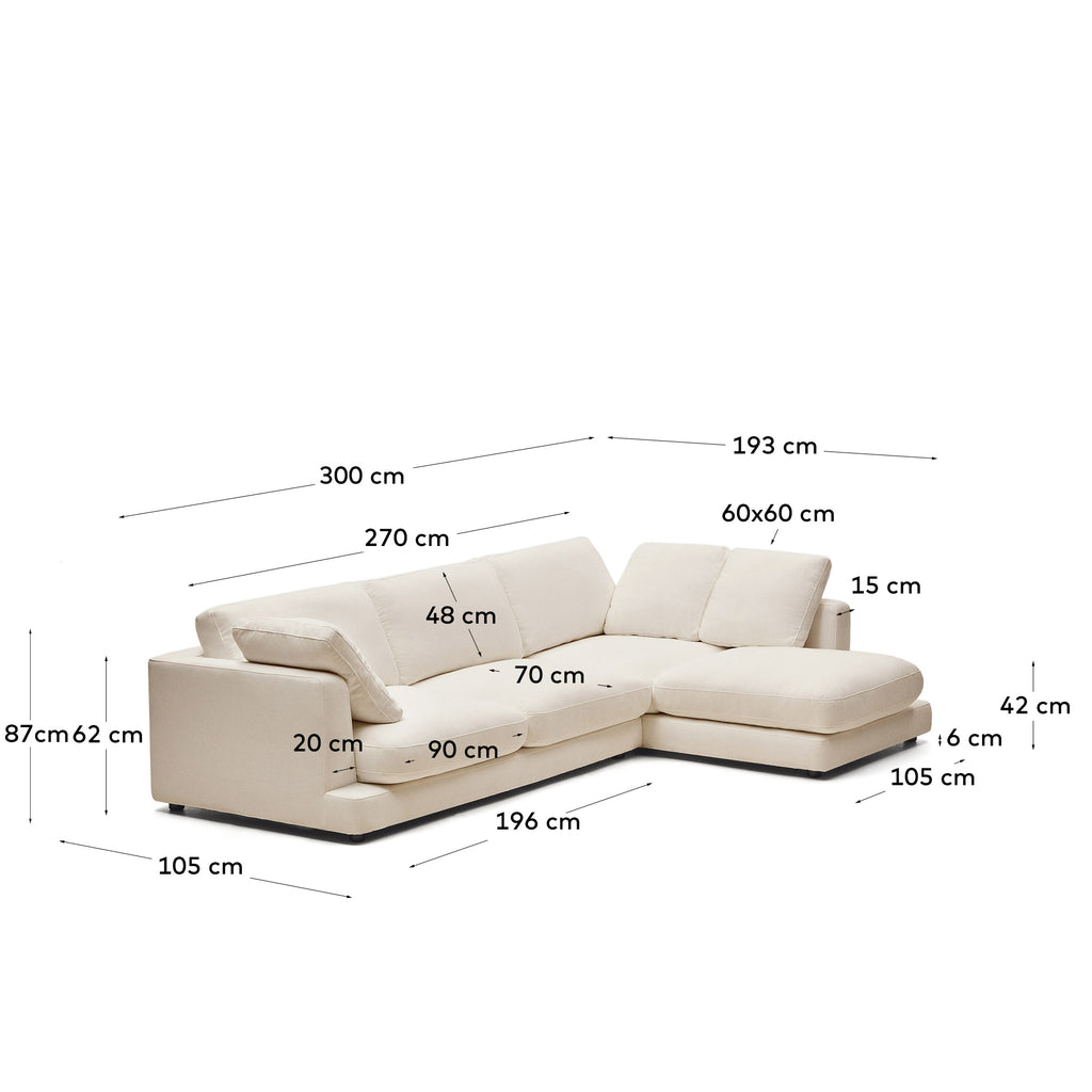 Gala 4-seater sofa with right chaise longue in beige chenille FSC Mix Credit 300cm