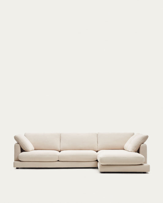 Gala 4-seater sofa with right chaise longue in beige chenille FSC Mix Credit 300cm