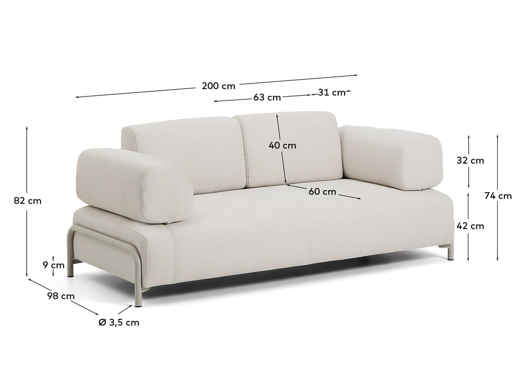Compo 2-seater sofa in ecru chenille with beige metal frame 200 cm FSC Mix Credit