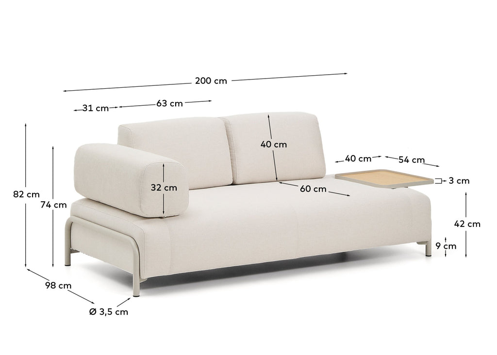 Compo 2-seater sofa in ecru chenille, large oak veneer tray table and beige metal frame 200 cm FSC Mix Credit