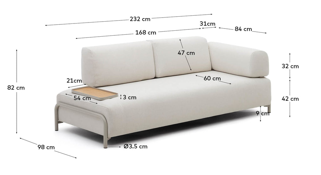 Compo 3-seater beige chenille sofa, small tray oak veneer and beige metal structure 232cm FSC Mix Credit