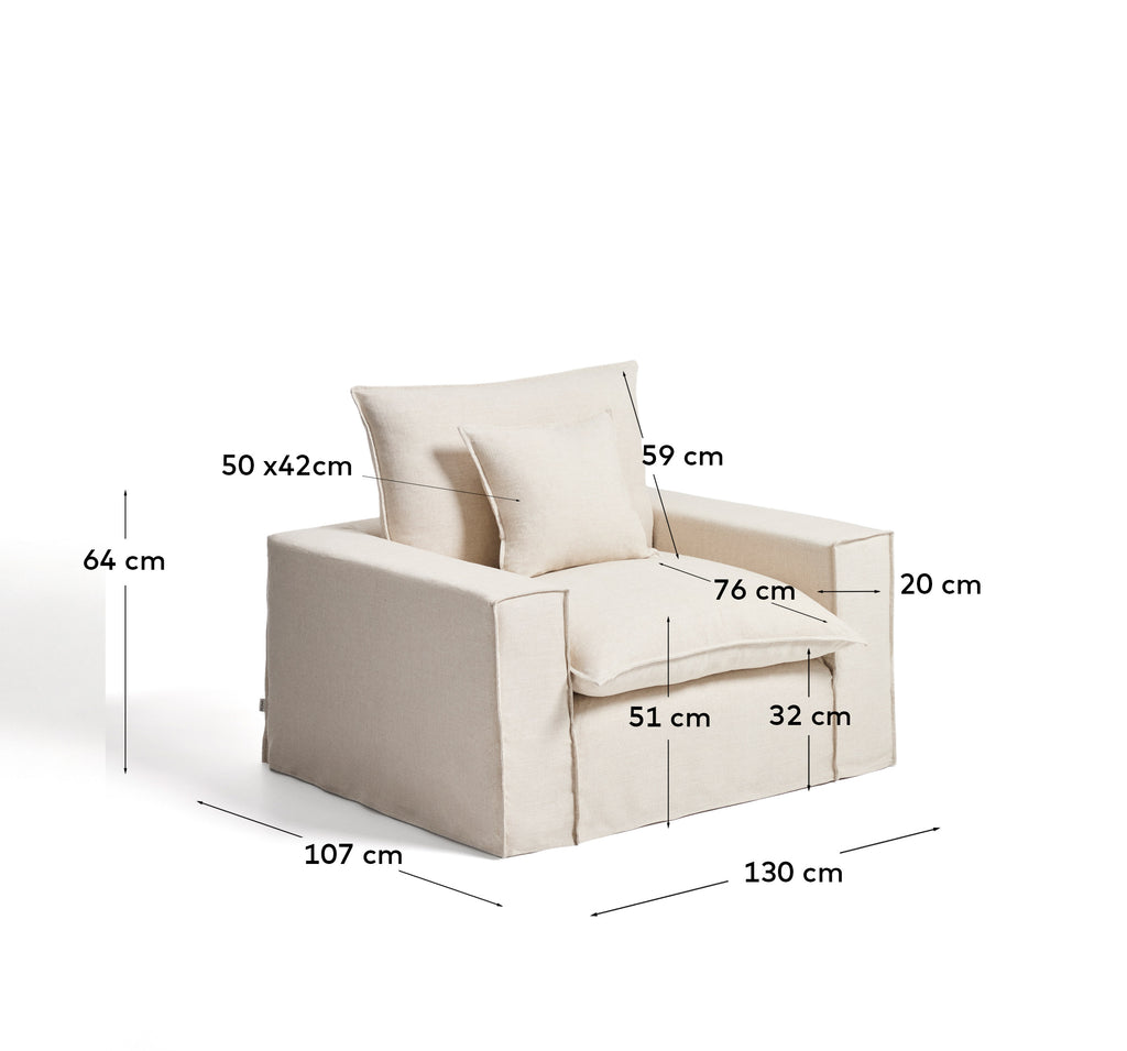 Anarela beige linen and viscose armchair with removable cover 130cm FSC Mix Credit