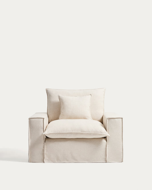 Anarela beige linen and viscose armchair with removable cover 130cm FSC Mix Credit