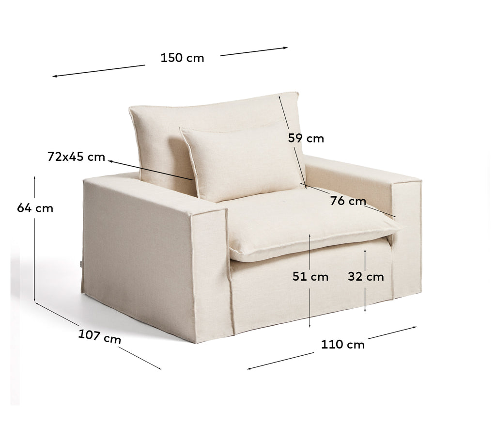 Anarela beige linen and viscose armchair with removable cover 150cm FSC Mix Credit