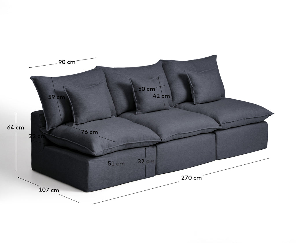 Anarela dark grey linen and viscose 3-seater modular sofa with removable cover 270cm FSC Mix Credit