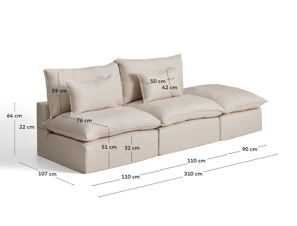 Anarela beige linen and viscose 3-seater modular sofa with end module and removable cover 310cm FSC Mix Credit