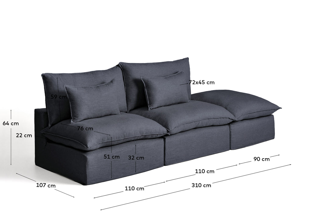 Anarela dark grey linen and viscose 3-seater modular sofa with end module and removable cover 310cm FSC Mix Credit