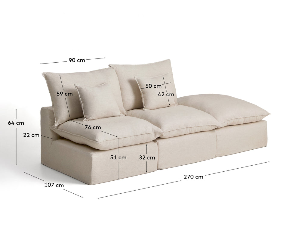 Anarela beige linen and viscose 2-seater modular sofa with end module and removable cover 270cm FSC Mix Credit