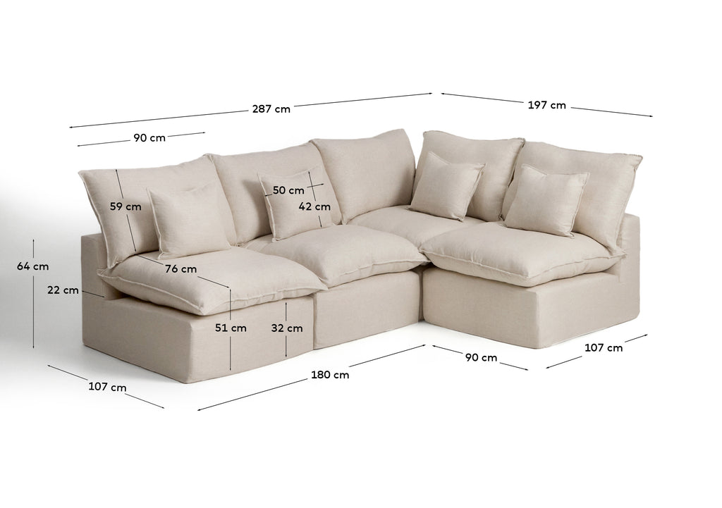 Anarela 4-seater modular corner sofa with removable covers in beige linen and viscose 287 x 197cm / 197 x 287cm FSC Mix Credit