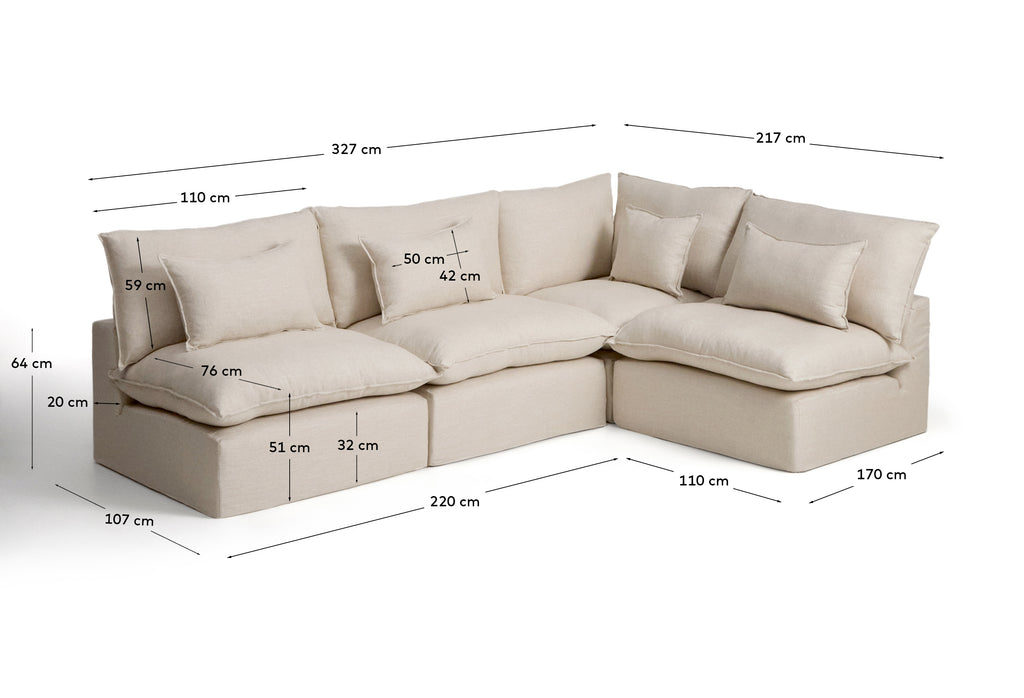 Anarela 6-seater modular corner sofa with removable covers in beige linen and viscose 327 x 217cm / 217 x 327cm FSC Mix Credit