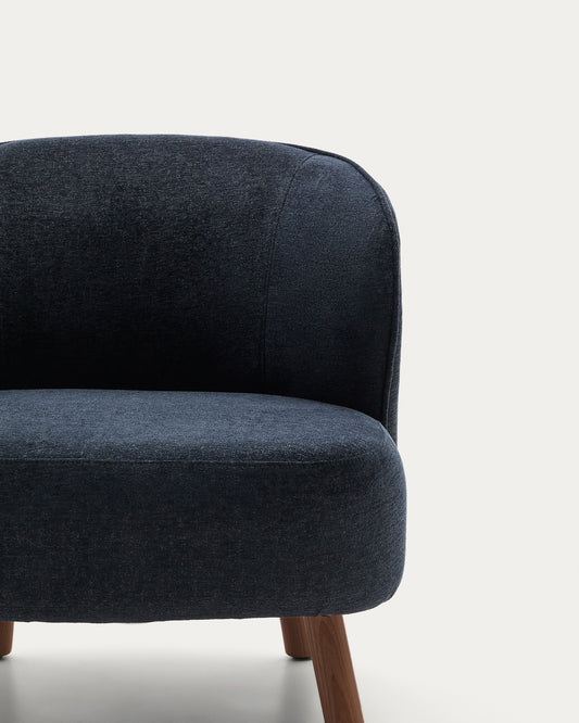Ulit armchair in blue-grey chenille with solid ash wood legs with walnut finish