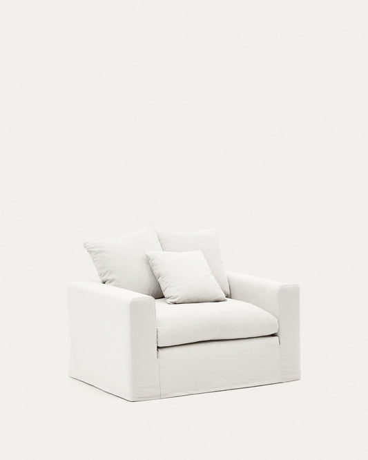 Nora armchair with a removable cover and ecru linen and cotton cushion 140 cm