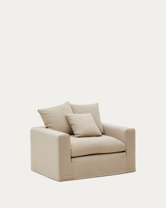 Nora armchair with a removable cover and taupe linen and cotton cushion 140 cm