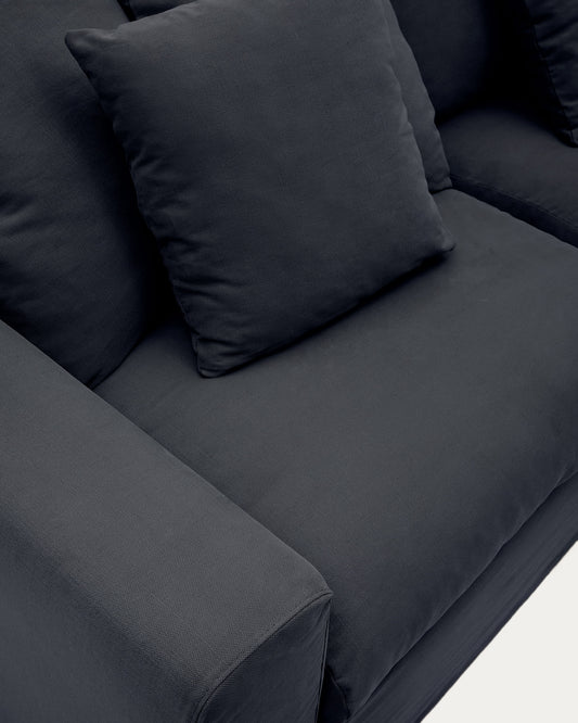 Nora 3-seater sofa with a removable cover and grey anthracite linen and cotton cushions 240 cm