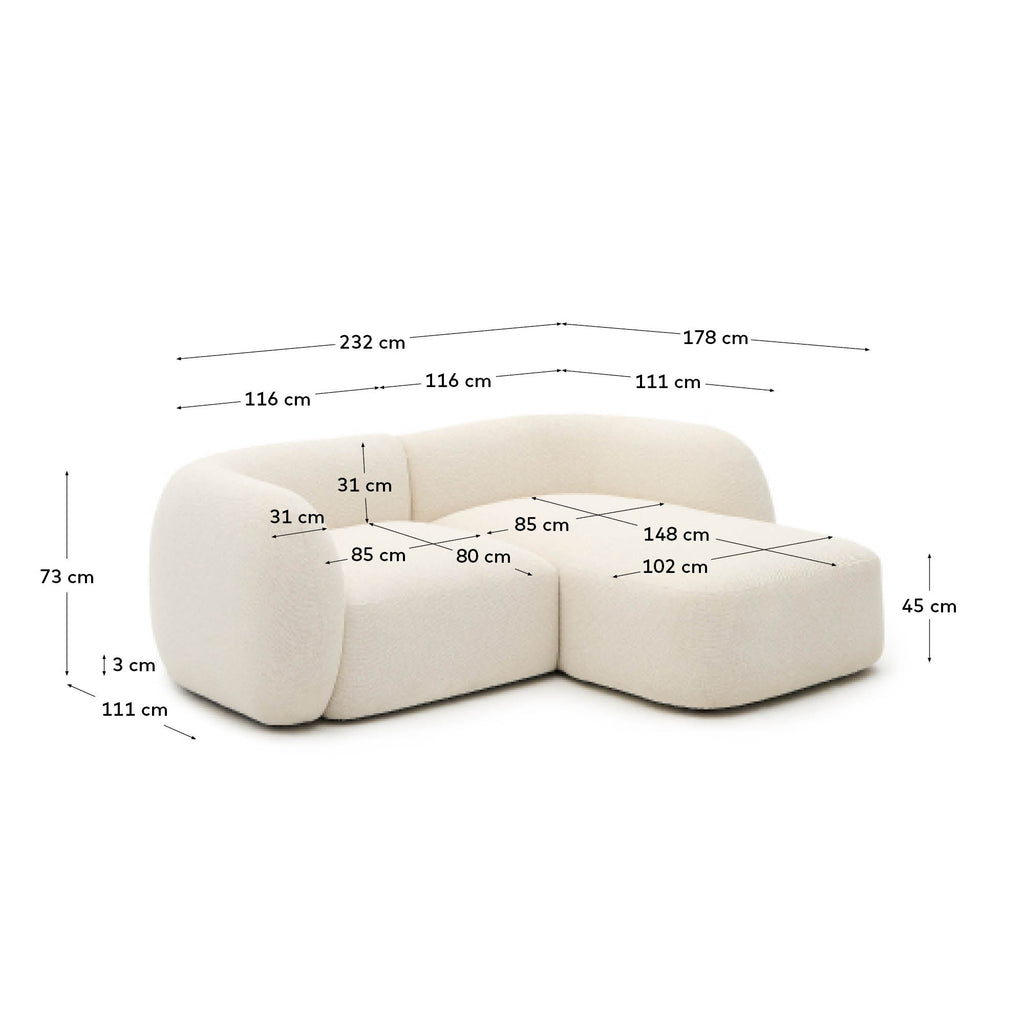 Martina ecru chenille 2-seater modular sofa with right chaise longue 230cm