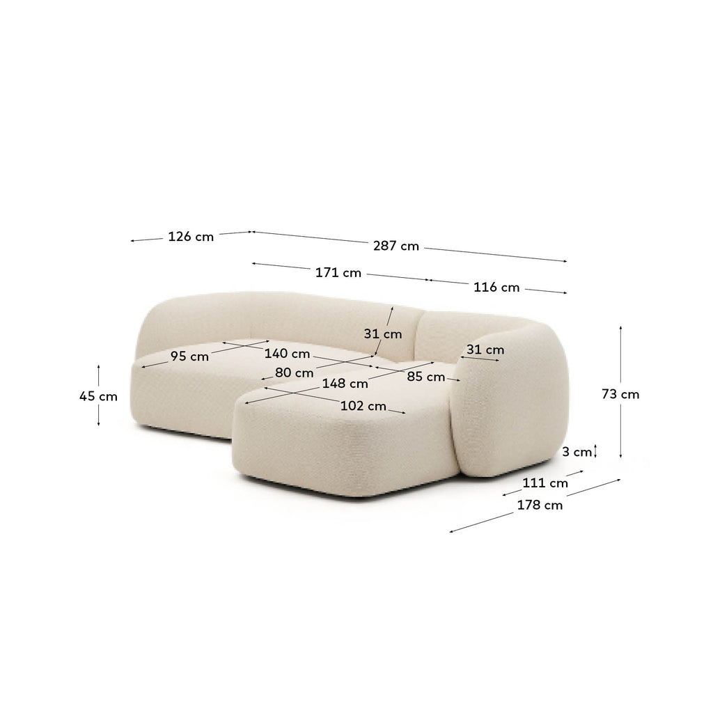 Martina ecru chenille 3-seater modular sofa with right chaise longue 287cm