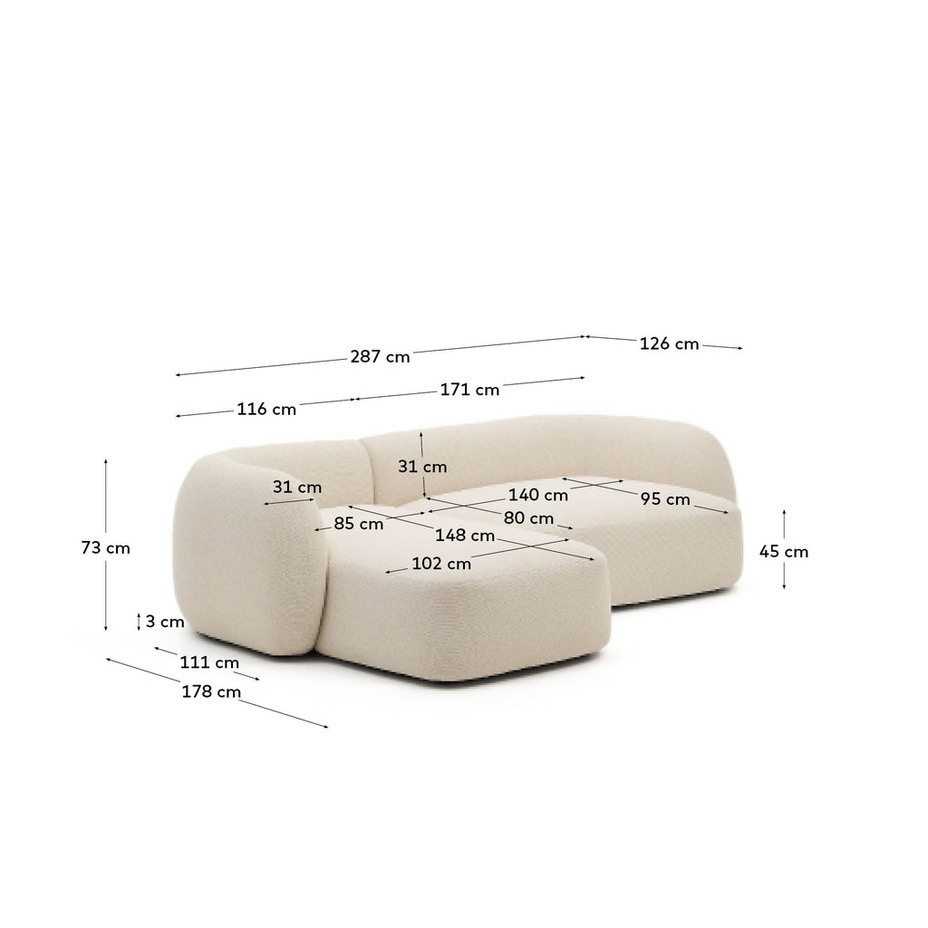 Martina ecru chenille 3-seater modular sofa with left chaise longue 287cm