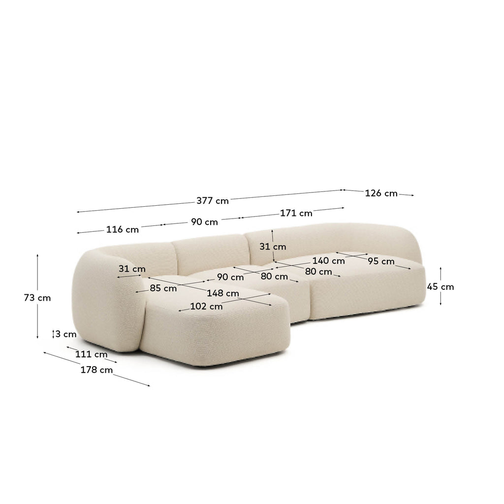 Martina ecru chenille 4-seater modular sofa with left chaise longue 377cm