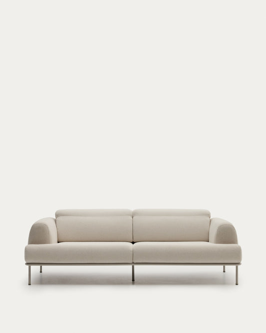 Aurum 3-seater ecru sofa with reclining headrest and a matt grey metal base, 234 cm