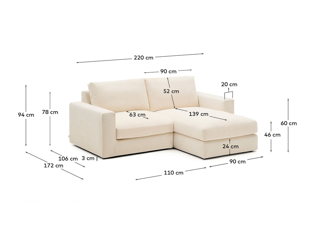 Alea ecru chenille 3-seater modular sofa with right chaise longue and removable cover 220cm