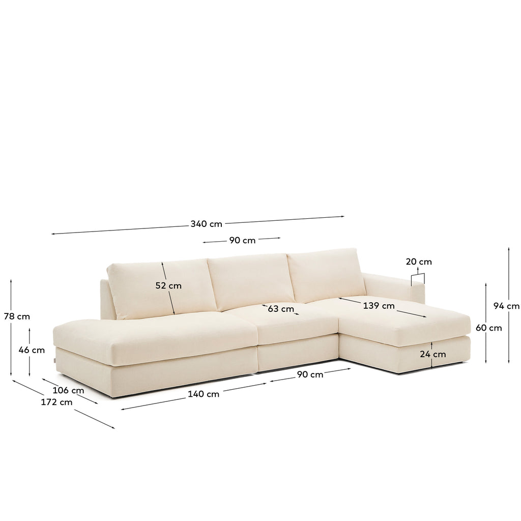 Alea ecru chenille 5-seater modular sofa with right chaise longue and removable cover 340cm