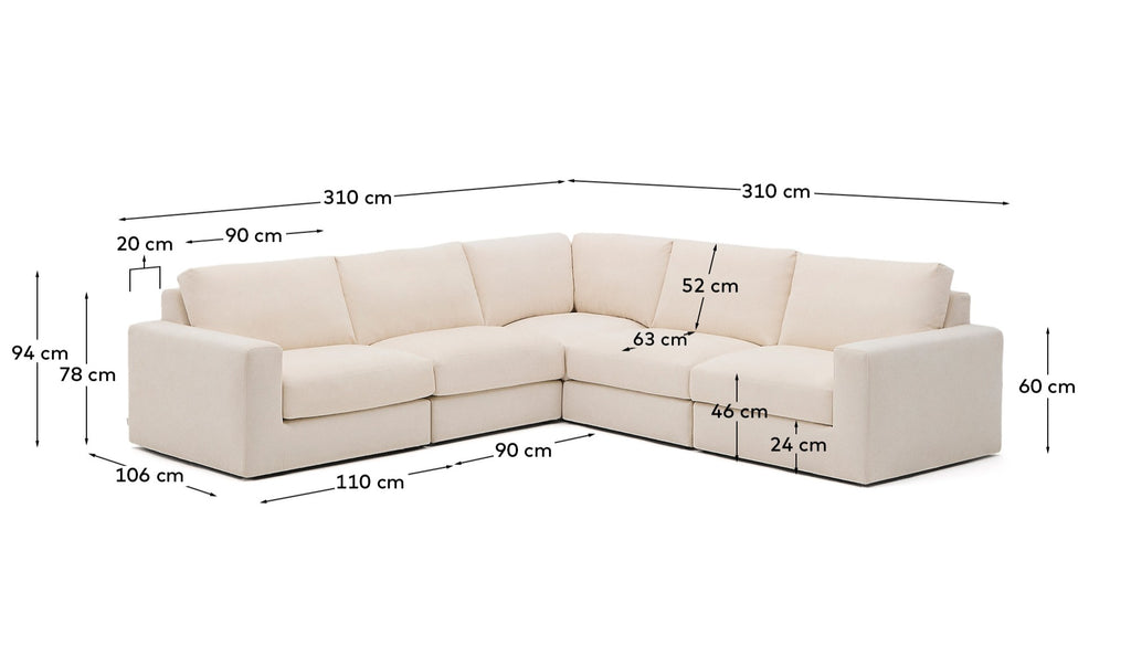 Alea 5-seater modular corner sofa with removable cover in ecru chenille 310 x 310cm
