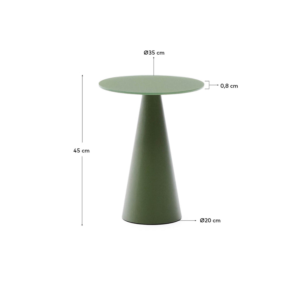 Wilshire side table with frosted tempered glass and matt green painted steel finish Ø35cm