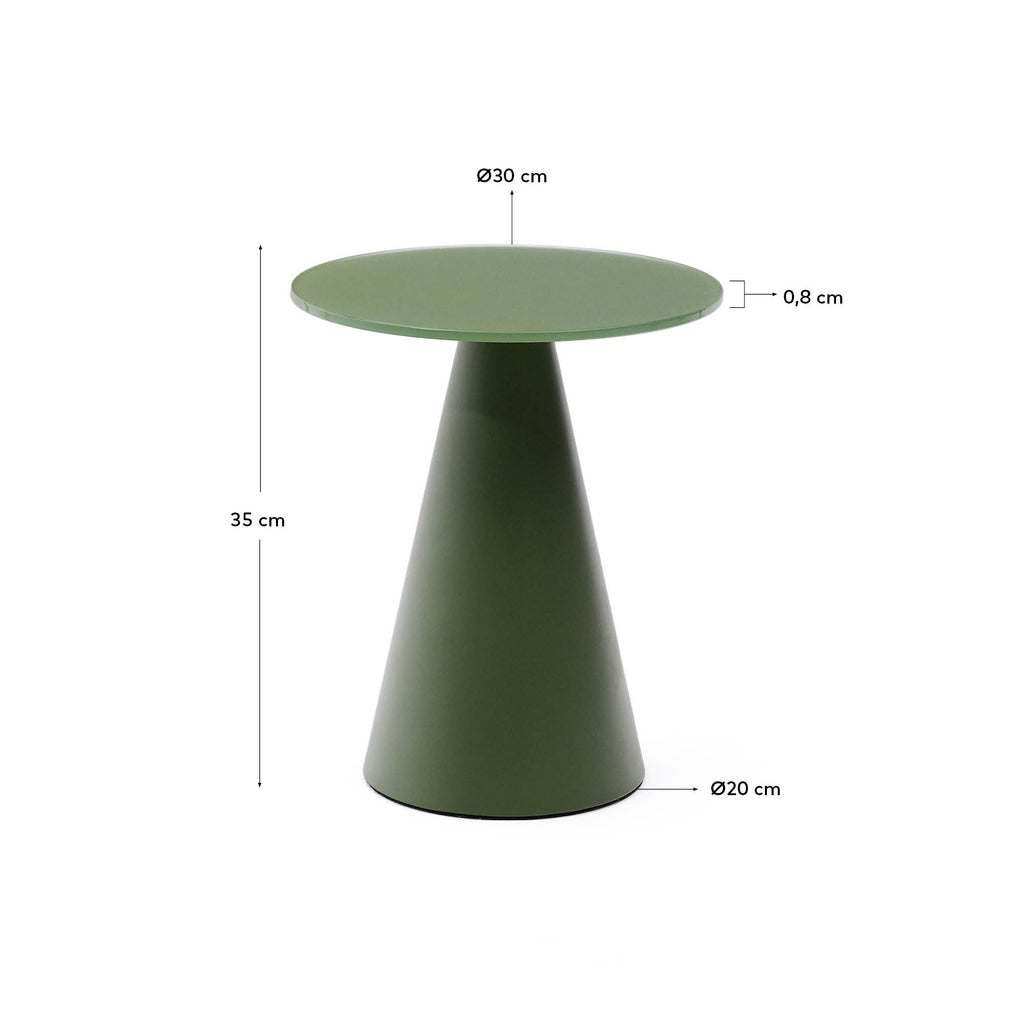 Wilshire side table with frosted tempered glass and matt green painted steel finish Ø30cm