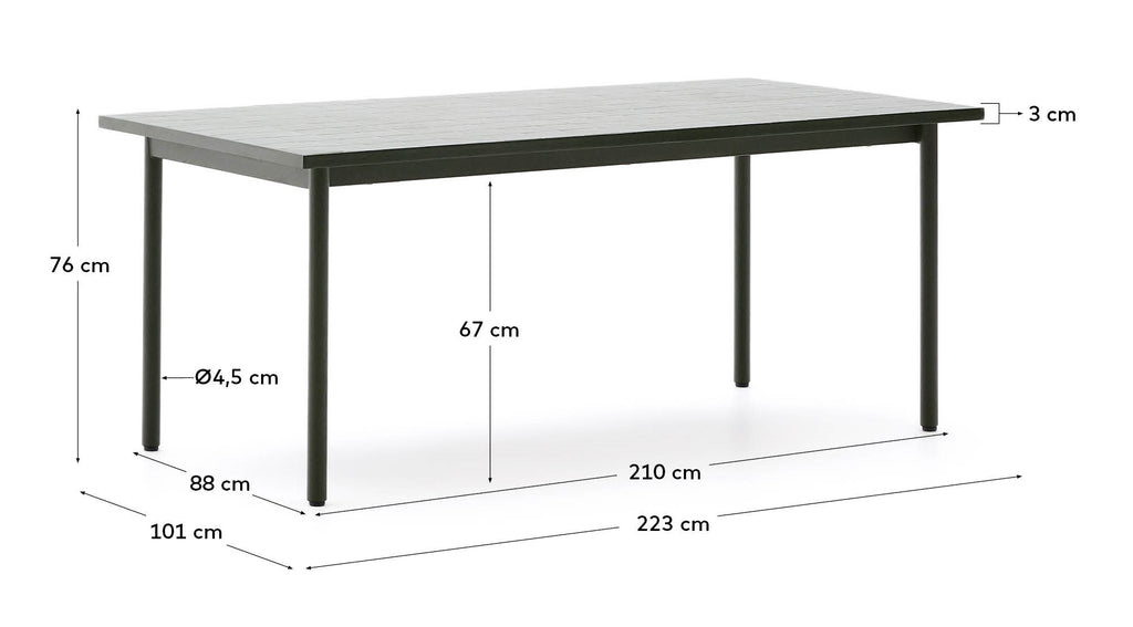 Maurina outdoor table in green galvanised steel with ecru-colored tiles 223 x 101cm