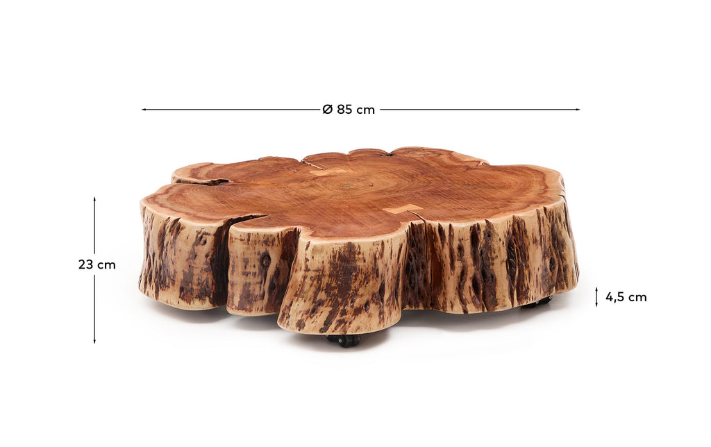 Tavine coffee table in solid acacia wood with bleached finish with wheels Ø85cm