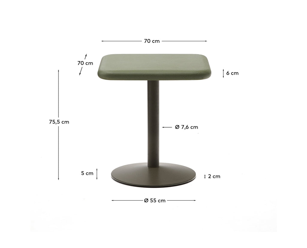 Esilda outdoor table with green cement top 70x70cm and green steel base Ø55x72cm