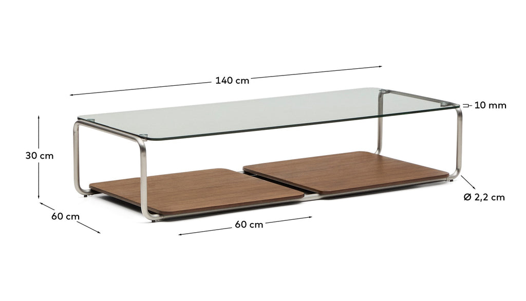 Tarsel coffee table in tempered glass with walnut veneer tray with brushed stainless steel structure 140 x 60cm