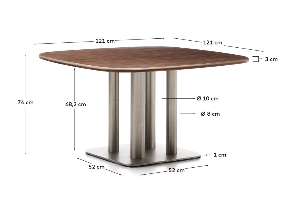 Melvar table made from walnut veneer and legs with brushed stainless steel base 121 x 121cm