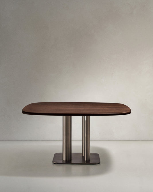 Melvar table made from walnut veneer and legs with brushed stainless steel base 121 x 121cm