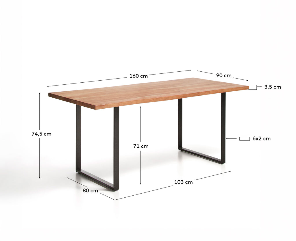 Uxue table in solid acacia wood with black steel legs 160 x 90 cm