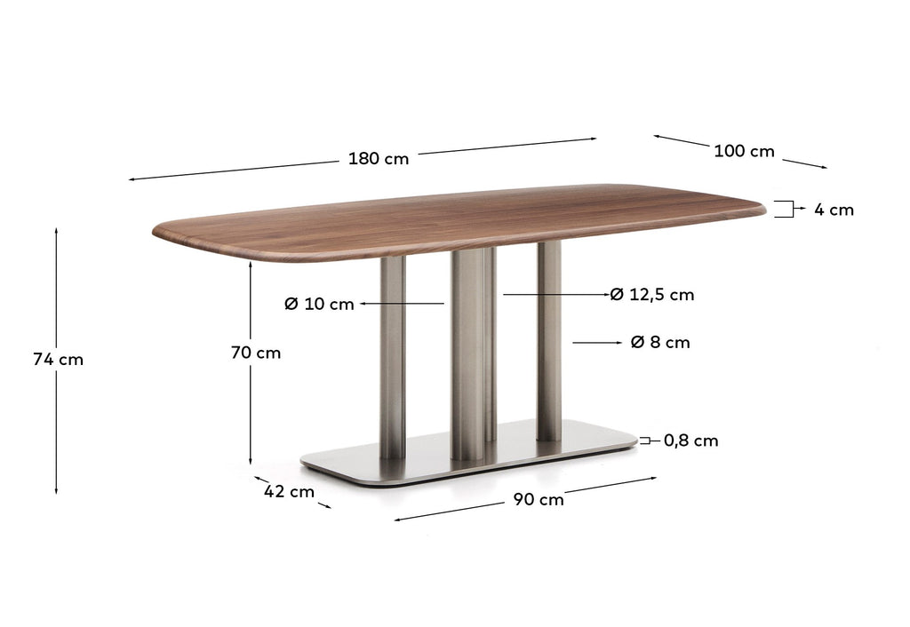 Melvar table made from walnut veneer and legs with brushed stainless steel base 180 x 100cm