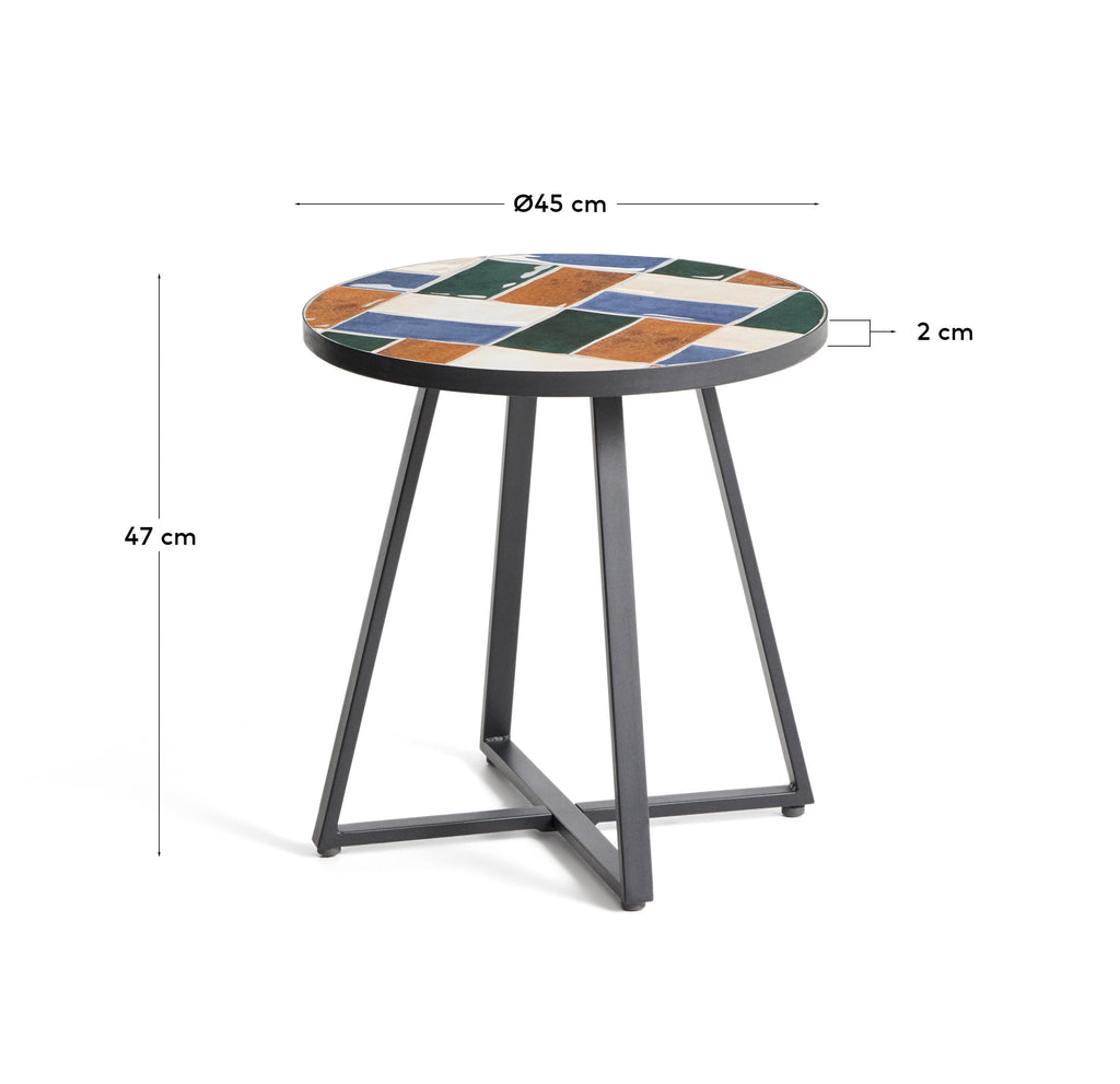 Tella round side table in graphite galvanised steel with multicoloured tiles Ø45 cm