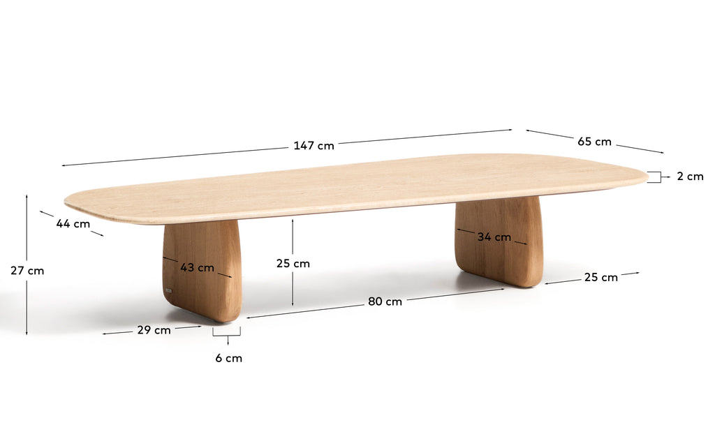Pirita coffee table in beige travertine with solid oak wood legs with a natural-coloured finish 147 x 65cm FSC 100%